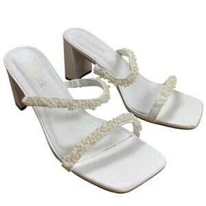 Avidirk Womens Size 9.5 White Pearl Square Open Toe 3.5" Block Heel Sandal Shoes